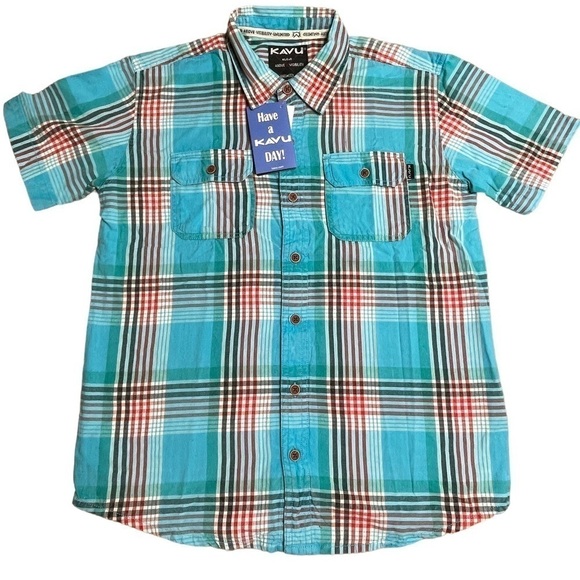 Kavu blue red plaid button down shirt youth large NWT - Picture 1 of 7
